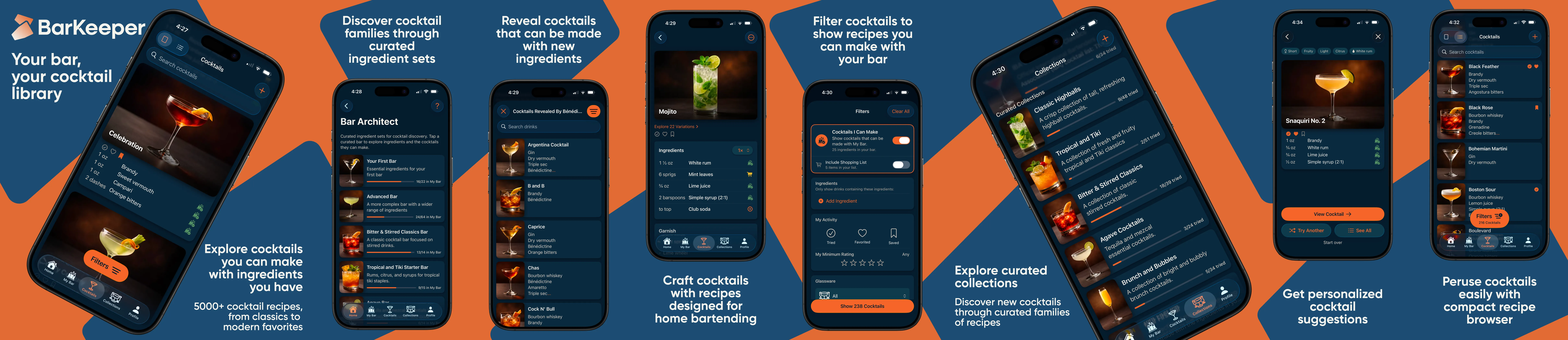 BarKeeper app screenshots showcasing cocktail browsing, bar management, and recipe details